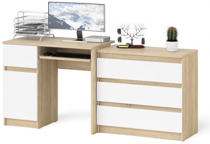 Мори Стол компьютерный МС-1 левый + Комод МК800.1, цвет дуб сонома/белый, ШхГхВ 170,4х50х76,6 см., выдвижной ящик слева, НЕ универсальная сборка