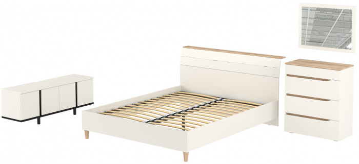 Муссон Кровать 11.41 + ортопед + 13.97 + Зеркало СВК + Тумба ТВ 13.276, цвет белый/чёрный/дуб эндгрейн элегантный, сп. м. 1600х2000 мм., б/м