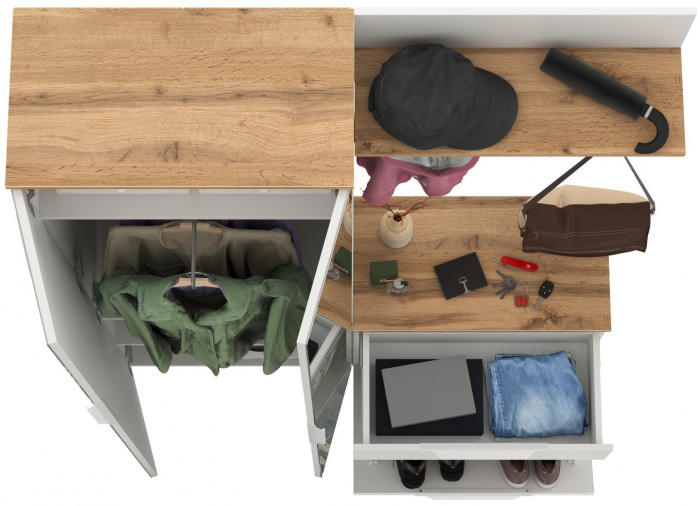 Октава Прихожая 12, цвет белый шагрень/дуб крафт золотой/фасады МДФ белый шагрень, ШхГхВ 129,3х35,4х197,6 см., универсальная сборка