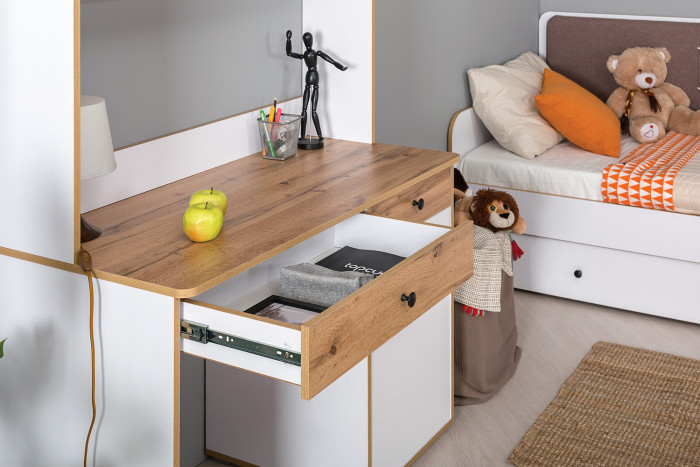 Вуди письменный стол 12.42 + Надстройка на стол 13.161, белый премиум/дуб крафт золотой