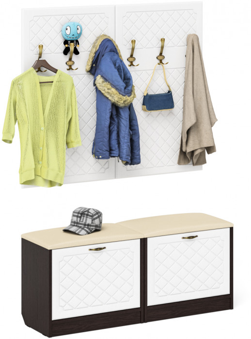 Прихожая П-6 Компоновка № 01, цвет венге/фасады МДФ белое дерево фрезеровка ромб, ШхГхВ 120х35х200 см.