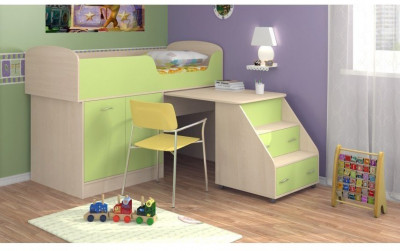 Детская кровать-чердак Дюймовочка-2, Дуб молочный / Салатовый