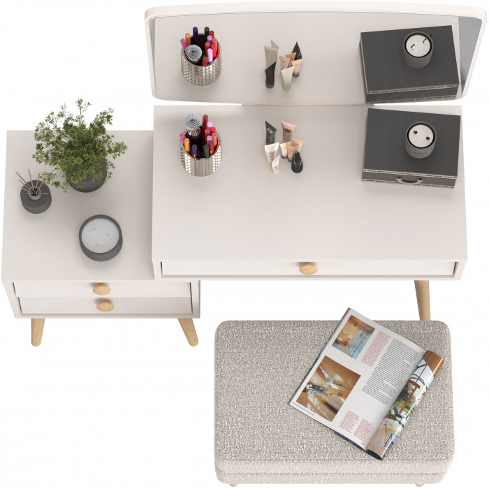 Афина Спальня 4-25901М1к.с. Трюмо + Банкетка 6-5138ТКШсв.серый Тифани, цвет кашемир серый/ткань светло-серая, ШхГхВ 105х38,6х129 + 55х33х46 см, ун. сб