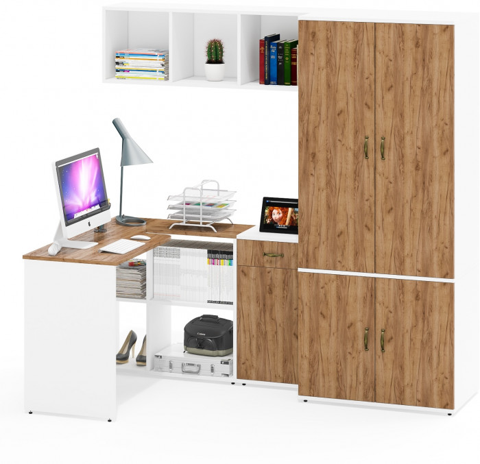 Лидер-8 Стол + Полка + Тумба МД 3.15 + Шкаф МД 19Б, цвет белый шагрень/крафт золото, ШхГхВ 285х50/37,5х75/190 или 115х200/50х75/190 см., НЕ ун. сб.