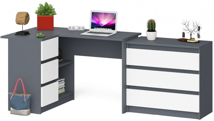 Мори Стол компьютерный МС-16 левый + Комод МК800.1, цвет графит/белый, ШхГхВ 204,8х84,9х76,6 см., выдвижные ящики слева, НЕ универсальная сборка