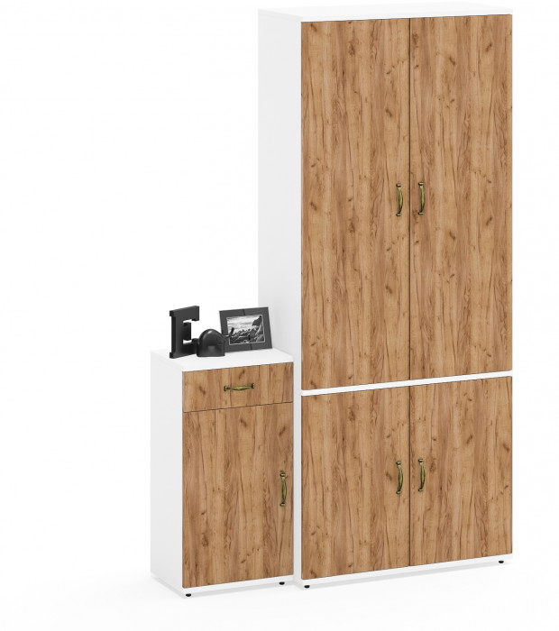 Лидер-8 Шкаф МД 20Б + Тумба МД 3.15, белый шагрень/крафт золото