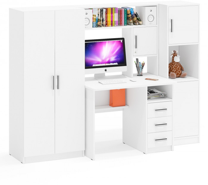 Стол компьютерный С-МД-СК9+Пенал С-МД-СК9П+Шкаф С-МД-СК9Ш, цвет белый шагрень, ШхГхВ 215х70х160 см., НЕ универсальная сборка