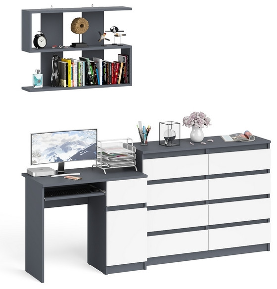 Мори компьютерный стол МС-1 правый + Комод МК1200.8 + Полка 900, графит/белый