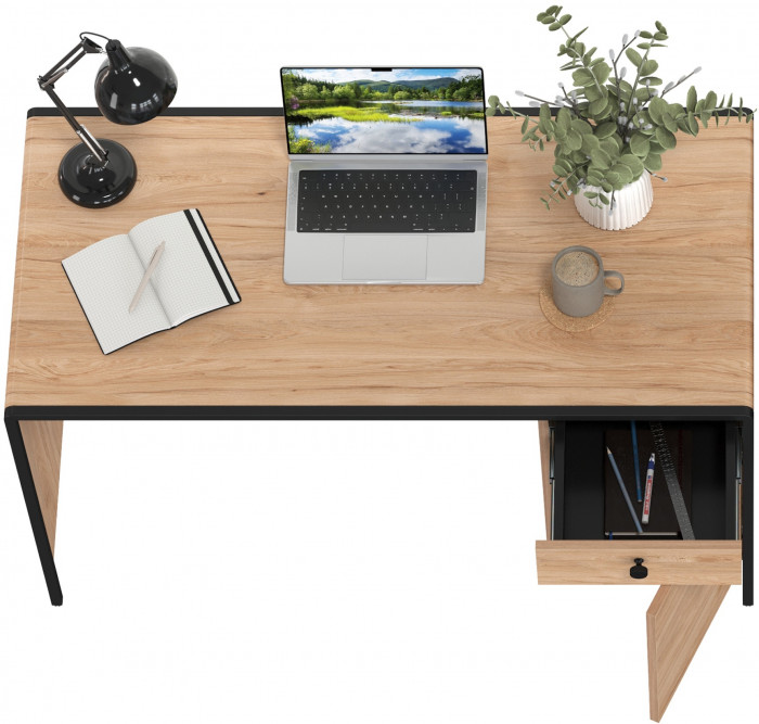 Брюс Стол письменный 12.157, цвет чёрный/Battle rock Santiago/столешница МДФ ель карпатская, ШхГхВ 130х62,6х75 см., универсальная сбока