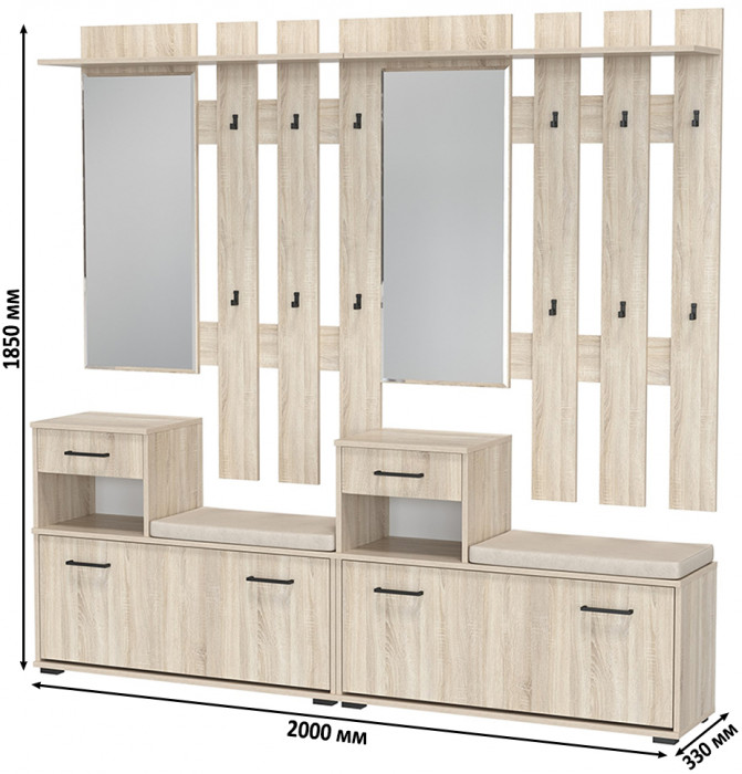 Лира ГК Прихожая 2 Два х Тумба под обувь + Два х Вешалка с зеркалом, цвет дуб сонома, ШхГхВ 200х33х185 см., универсальная сборка