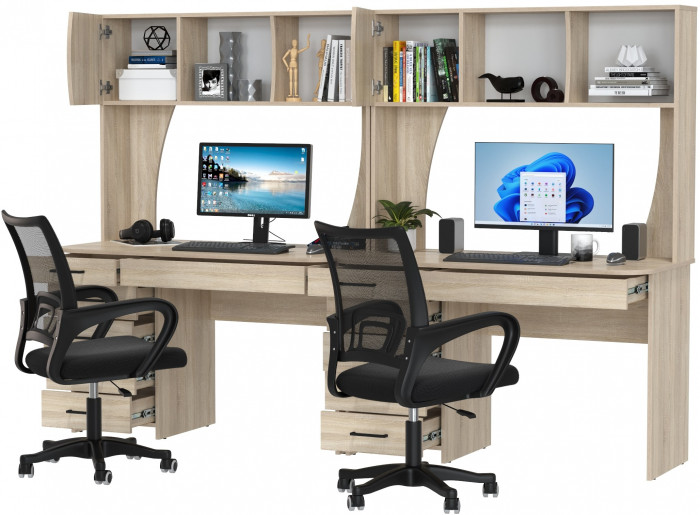 Два стола рабочих 6-0606 Сигма + два кресла 103 чёрных, цвет дуб сонома, ШхГхВ 241х60,5х166 см., НЕ универсальная сборка