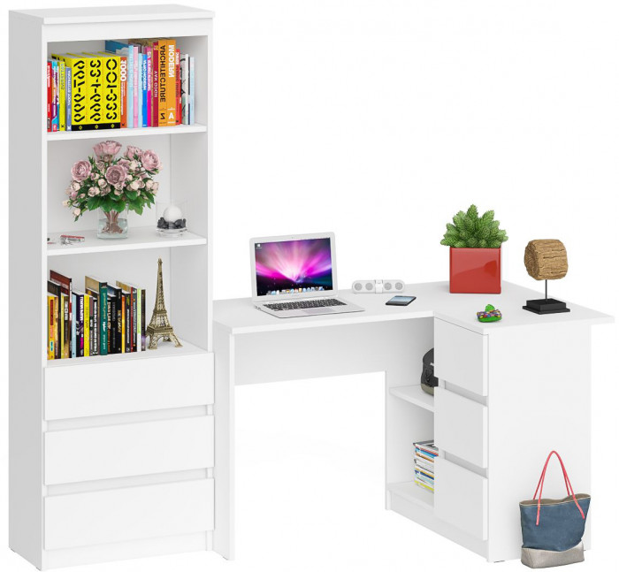 Мори Стол компьютерный МС-16 правый + Стеллаж МСТ600.3, цвет белый, ШхГхВ 184,8х84,9х179,6 см., выдвижные ящики справа, НЕ универсальная сборка