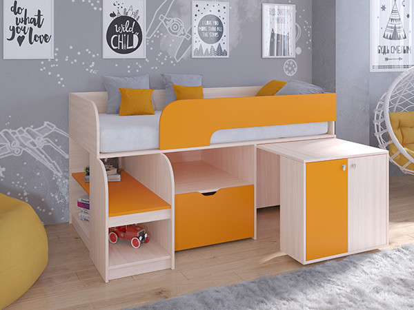 Кровать чердак Астра 9 V9 Дуб молочный/Оранжевый