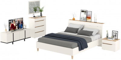 Муссон Кровать 11.41 + ортопед + 16.03 + 13.97 + Зеркало СВК + Тумба ТВ 13.276, цвет белый/чёрный/дуб эндгрейн элегантный, сп. м. 1600х2000 мм., б/м