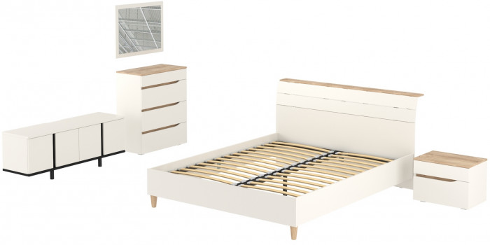 Муссон Кровать 11.41 + ортопед + 16.03 + 13.97 + Зеркало СВК + Тумба ТВ 13.276, цвет белый/чёрный/дуб эндгрейн элегантный, сп. м. 1600х2000 мм., б/м