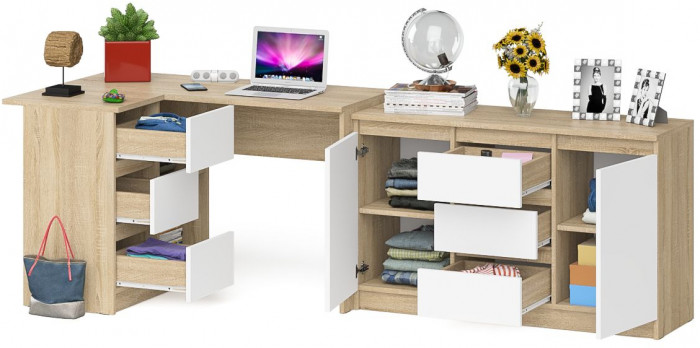 Мори компьютерный стол МС-16 левый + Комод МК1200.3, дуб сонома/белый