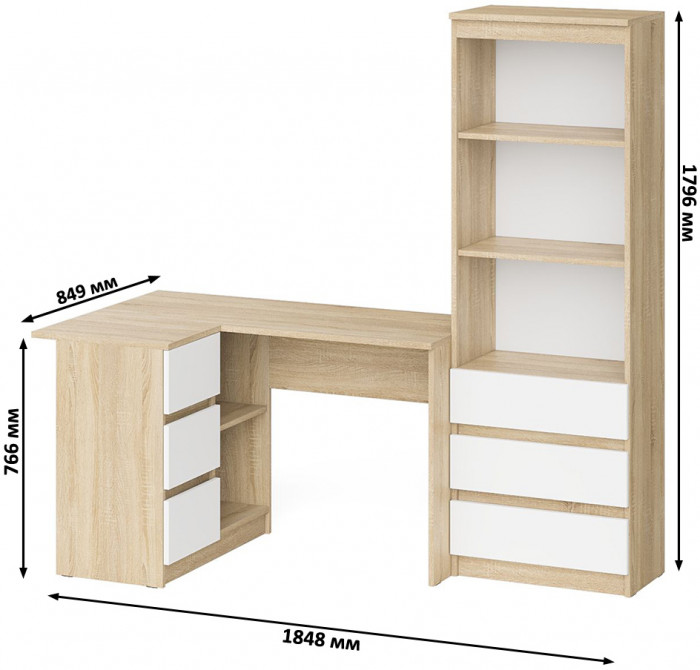 Мори компьютерный стол МС-16 левый + Стеллаж МСТ600.3, дуб сонома/белый
