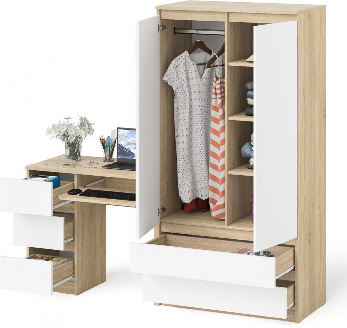 Мори компьютерный стол МС-6 левый + Шкаф МШ900.1, дуб сонома/белый