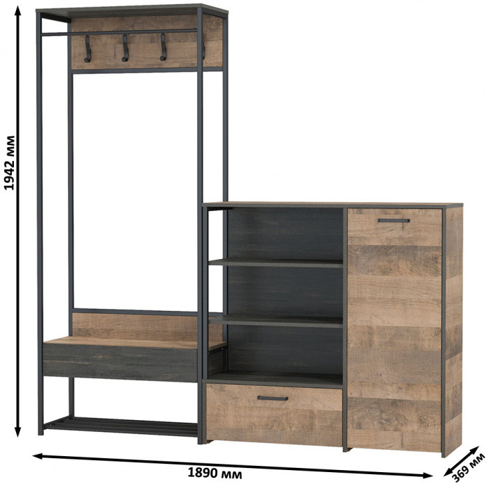 Трувор 15.120 Прихожая + 13.307.01 Комод, цвет дуб гранж песочный/интра, ШхГхВ 189х36,9х194,2 см., универсальная сборка