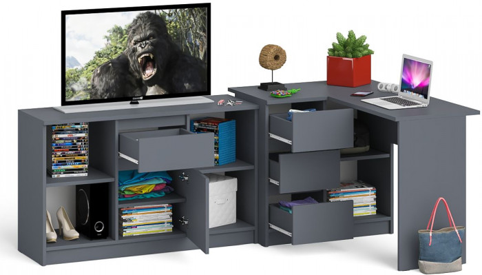 Мори Стол компьютерный МС-16 левый + Тумба МТВ1204.1, цвет графит, ШхГхВ 244,8х84,9х76,6 см., выдвижные ящики слева, НЕ универсальная сборка