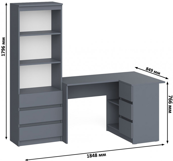 Мори Стол компьютерный МС-16 правый + Стеллаж МСТ600.3, цвет графит, ШхГхВ 184,8х84,9х179,6 см., выдвижные ящики справа, НЕ универсальная сборка