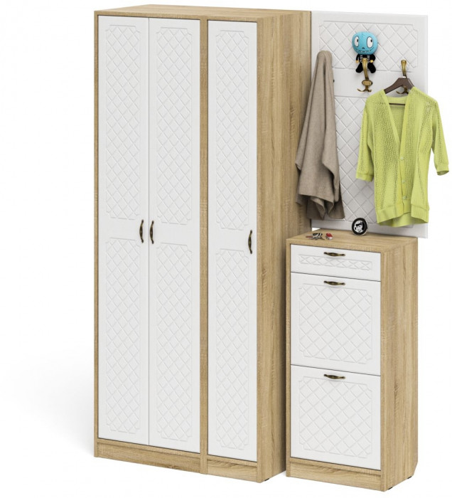 Прихожая П-6 Компоновка № 50, дуб сонома/фасады МДФ белое дерево фрезеровка ромб