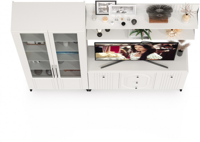 Валенсия Гостиная № 097, цвет ЛДСП белый шагрень/МДФ белый шагрень, ШхГхВ 217,3х38,4х225,2 см., универсальная сборка