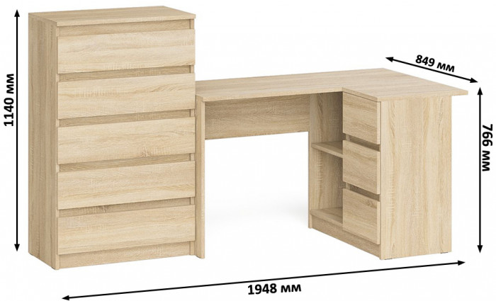 Мори компьютерный стол МС-16 правый + Комод МК700.5, дуб сонома