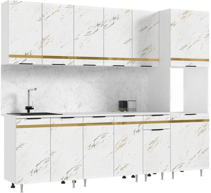 Кухня МДФ Милена 2600 (Белый, Мрамор блэк софт, Антарес)