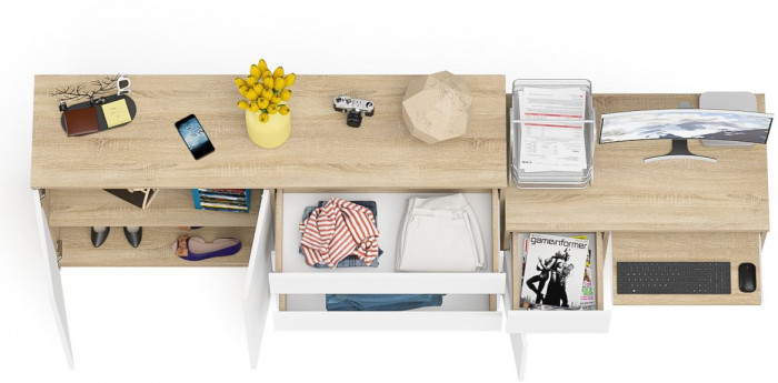 Мори Стол компьютерный МС-1 левый + Комод МК1600.1, цвет дуб сонома/белый, ШхГхВ 250,4х50х94 см., выдвижной ящик слева, НЕ универсальная сборка