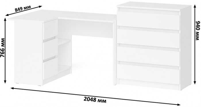 Мори Стол компьютерный МС-16 левый + Комод МК800.4, цвет белый, ШхГхВ 204,8х84,9х94 см., выдвижные ящики слева, НЕ универсальная сборка