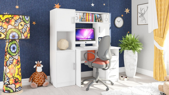 Стол компьютерный С-МД-СК9+Пенал С-МД-СК9П, цвет белый шагрень, ШхГхВ 145х70х160 см., НЕ универсальная сборка