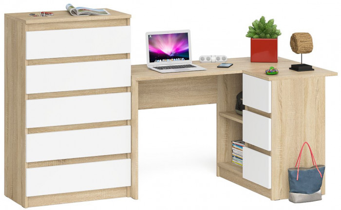 Мори компьютерный стол МС-16 правый + Комод МК700.5, дуб сонома/белый