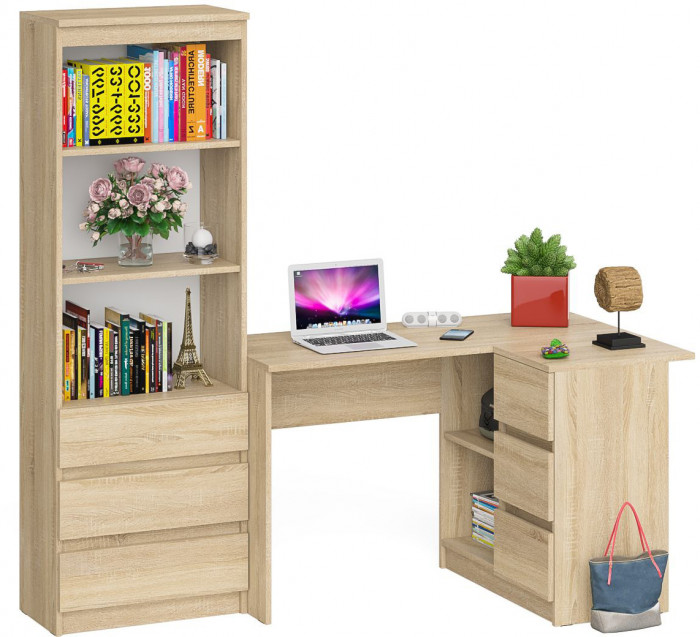 Мори Стол компьютерный МС-16 правый + Стеллаж МСТ600.3, цвет дуб сонома, ШхГхВ 184,8х84,9х179,6 см., выдвижные ящики справа, НЕ универсальная сборка