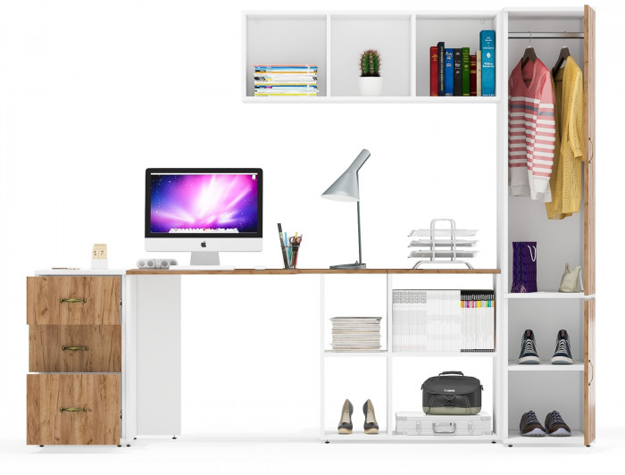 Лидер-8 Стол + Полка + Тумба МД 3.16 + Пенал МД 23Б, цвет белый шагрень/крафт золото, ШхГхВ 245х50/37,5х75/190 или 155х120/50х75/190 см., НЕ ун. сб.