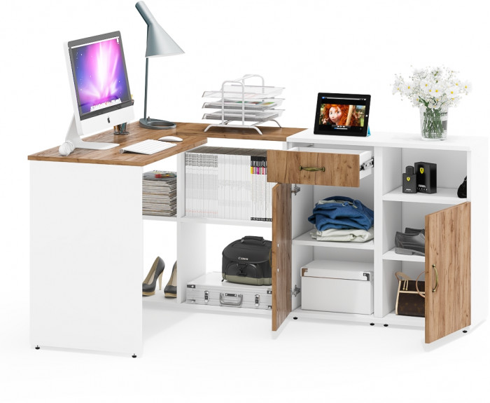 Лидер-8 Стол + Тумба МД 3.15 + Тумба МД 3.19, цвет белый шагрень/крафт золото, ШхГхВ 245х50/30х75 см. или 115х50/160х75 см., НЕ универсальная сборка