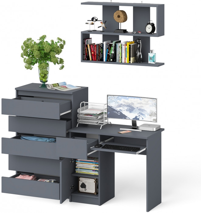 Мори Стол компьютерный МС-1 левый + Комод МК700.5 + Полка 900, цвет графит, ШхГхВ 160,4х50х209,6 см., НЕ универсальная сборка