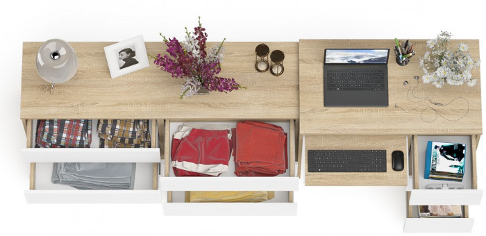 Мори Стол компьютерный МС-6 правый + Комод МК1380.6, цвет дуб сонома/белый, ШхГхВ 228х50х76,6 см., выдвижные ящики справа, НЕ универсальная сборка