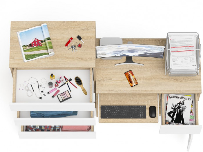 Мори Стол компьютерный МС-1 правый + Комод МК700.5, цвет дуб сонома/белый, ШхГхВ 160,4х50х114 см., выдвижной ящик справа, НЕ универсальная сборка