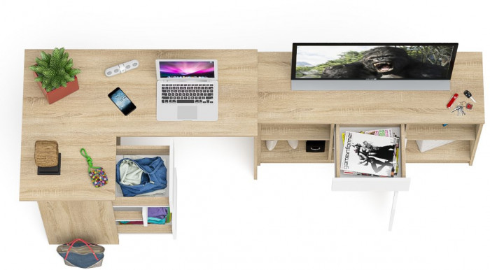 Мори Стол компьютерный МС-16 левый + Тумба МТВ1204.1, цвет дуб сонома/белый, ШхГхВ 244,8х84,9х76,6 см., выдвижные ящики слев, НЕ универсальная сборкаа