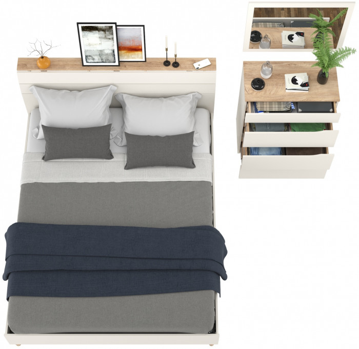 Муссон Кровать 11.41 + ортопед + Комод 13.97 + Зеркало СВК, цвет белый/дуб эндгрейн элегантный, сп. м. 1600х2000 мм., б/м