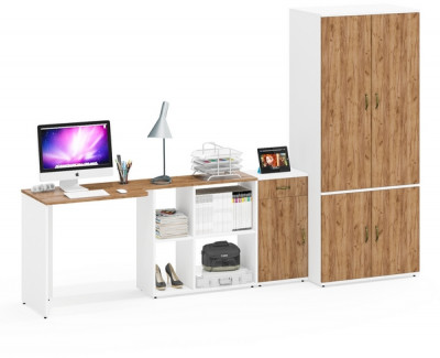 Лидер-8 Стол + Тумба МД 3.15 + Шкаф МД 19Б, цвет белый шагрень/крафт золото, ШхГхВ 285х50/50х75/190 или 115х200/50х75/190 см., НЕ ун. сборка