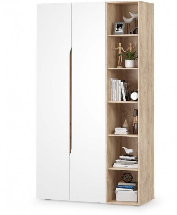 Муссон 13.198 Шкаф двухстворчатый + 13.349 Стеллаж, цвет белый/дуб эндгрейн элегантный, ШхГхВ 127,6х52,3х229,8 см., НЕ универсальная сборка