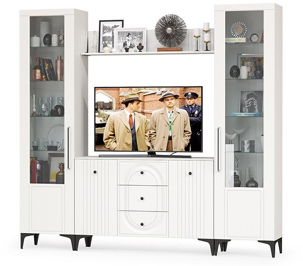 Валенсия Гостиная № 100, цвет ЛДСП белый шагрень/МДФ белый шагрень, ШхГхВ 243,2х38,4х225,2 см., ниша для ТВ 133х38х100 см.