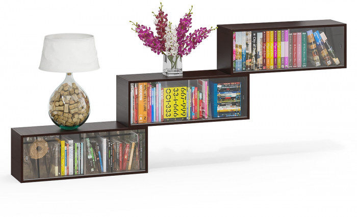 Три полки книжных С-МД-КН01, цвет венге, ШхГхВ размер каждой полки в отдельности: 83х25х30 см., стеклянные дверцы