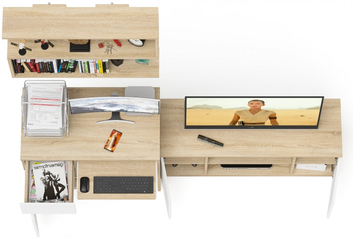 Мори компьютерный стол МС-1 левый + Тумба МТВ1200.1 + Полка 900, дуб сонома/белый