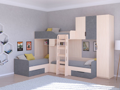 Трехместная кровать ТРИО/2 Дуб молочный/Железный Камень