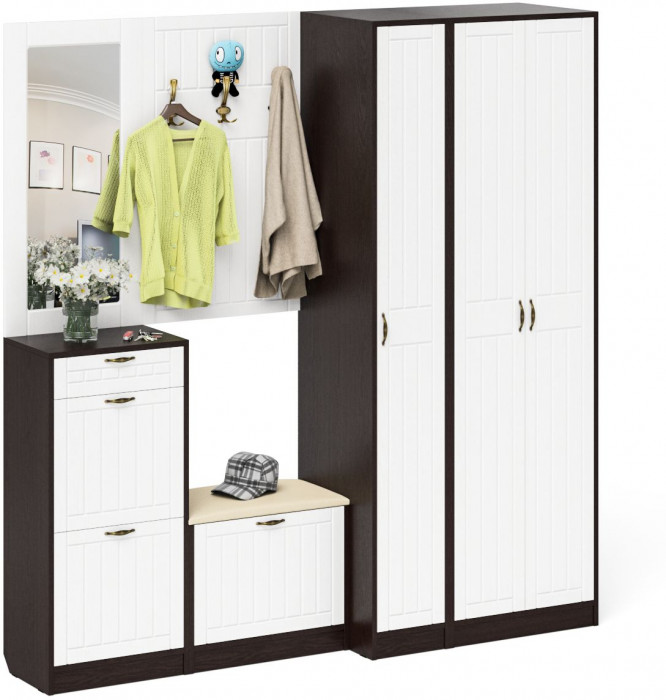 Прихожая П-6 Компоновка № 51, цвет венге/фасады МДФ белое дерево фрезеровка прованс, ШхГхВ 200х50х210 см., универсальная сборка