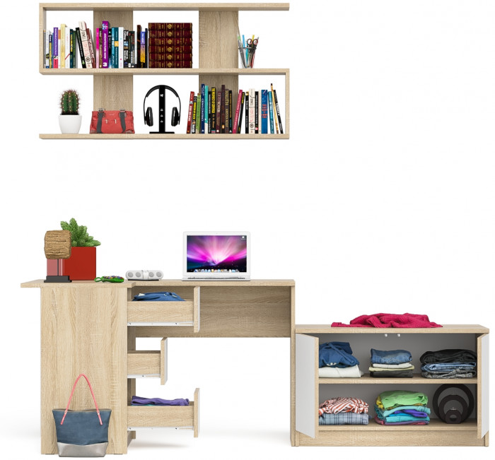 Мори компьютерный стол МС-16 левый + Тумба МА900.1 + Полка 1200, дуб сонома/белый