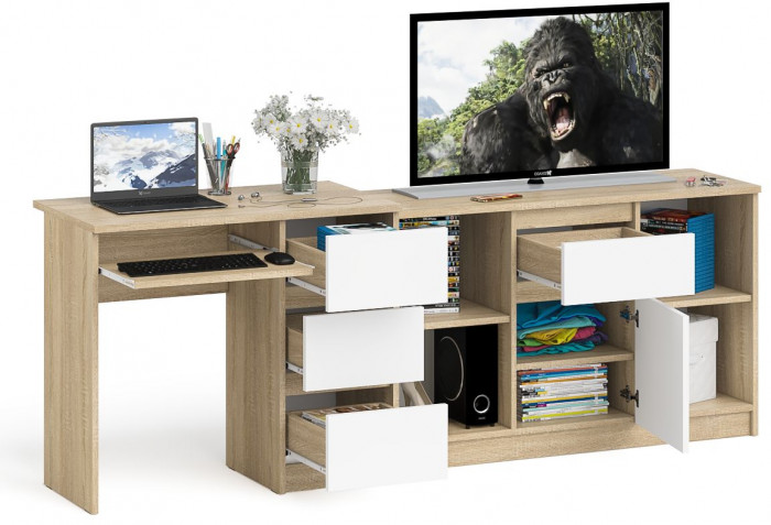 Мори компьютерный стол МС-6 правый + Тумба МТВ1204.1, дуб сонома/белый
